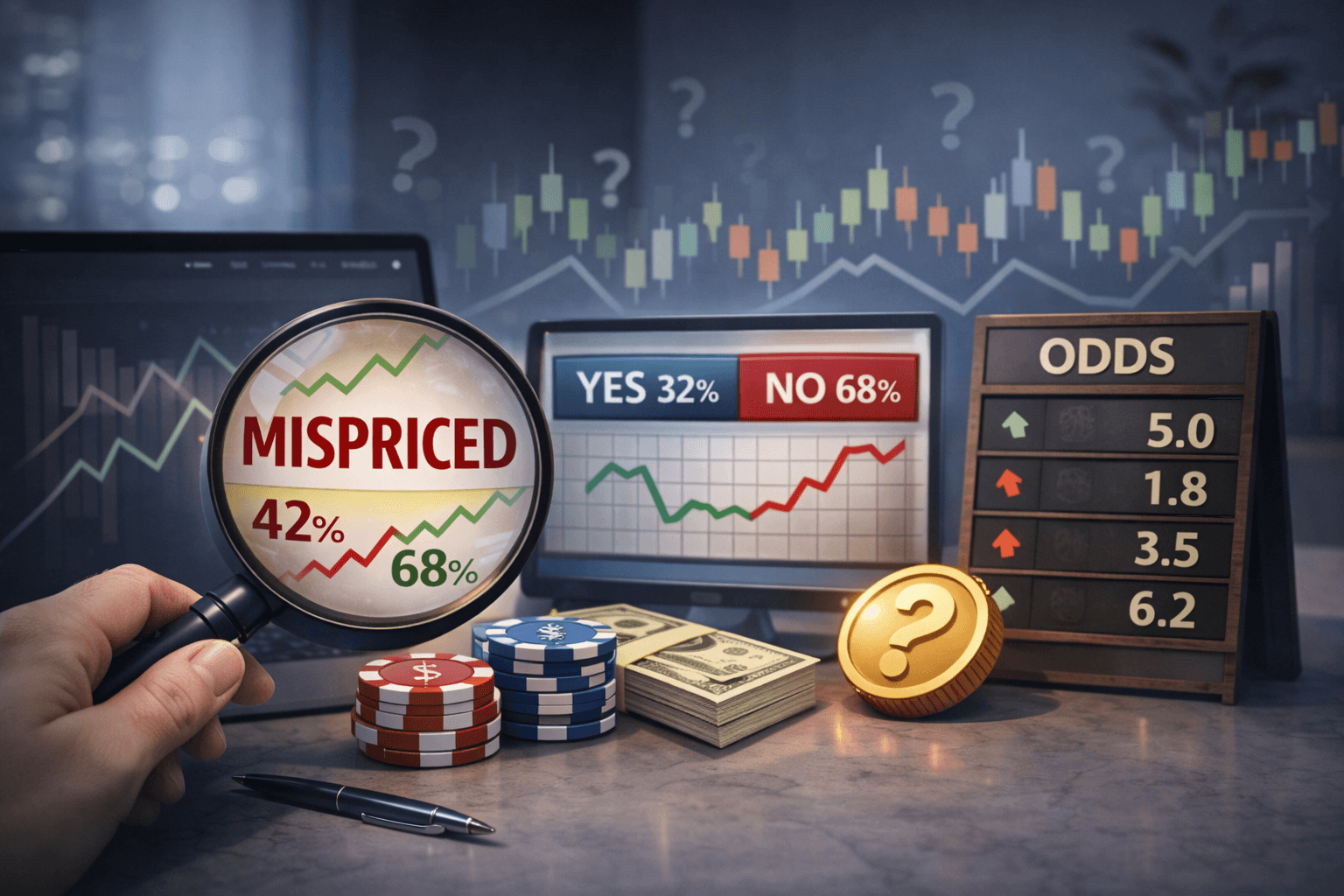 Magnifying glass over a trading screen highlighting mispriced prediction market odds