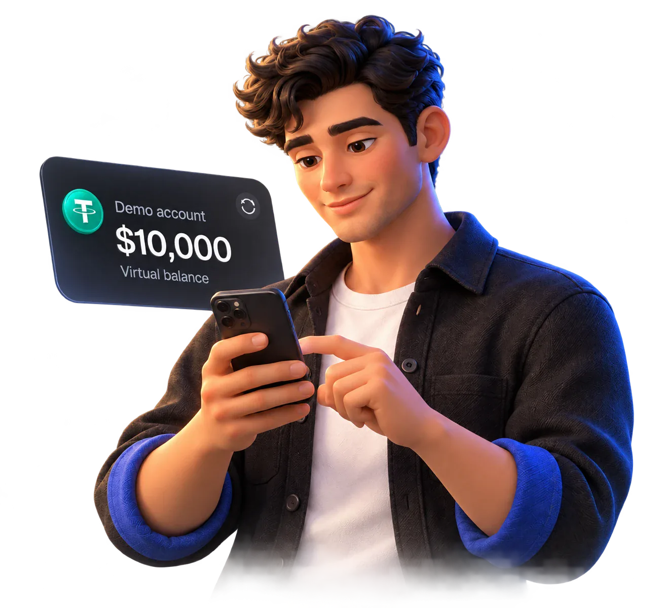 Smiling trader holding a phone next to a Demo account card with a $10,000 virtual balance