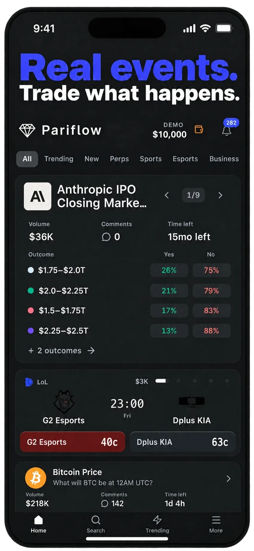 The Pariflow mobile home with outcome odds and a live esports match