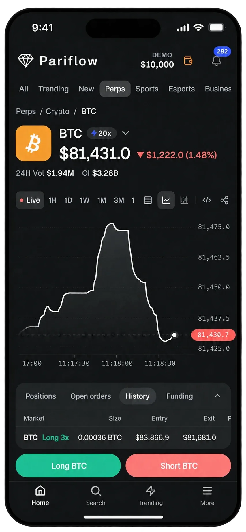 The Pariflow mobile futures page with a live BTC chart and Long and Short buttons