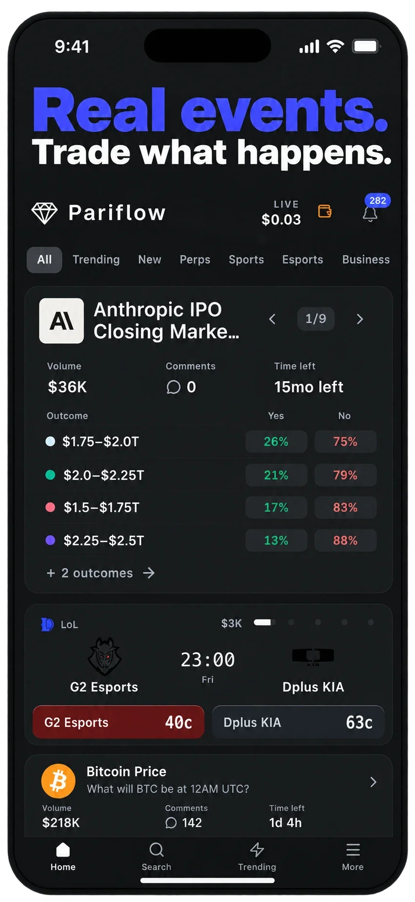 Real events, trade what happens: the Pariflow mobile home with outcome odds and an esports match