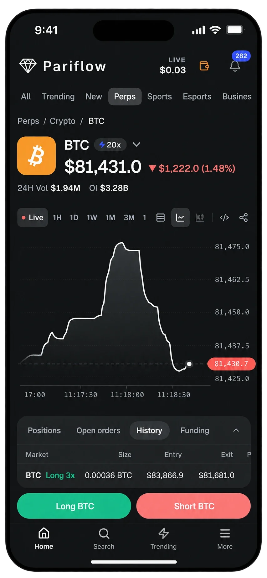 Pariflow mobile perps page with a live BTC chart and Long and Short buttons